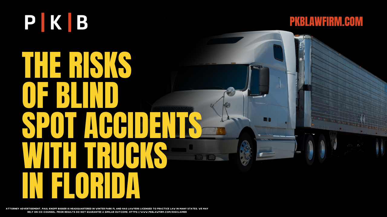 Blind spot truck accidents are among the most dangerous types of vehicle collisions on Florida's roads. These accidents often lead to severe injuries or fatalities due to the sheer size and weight of commercial trucks. Understanding the risks associated with these incidents is crucial for both drivers and victims seeking justice after such accidents. At Paul | Knopf | Bigger, we’re here to protect your rights and fight for the compensation you deserve. Complete our free case evaluation form or call us at (800) 434-4327 to get started today.